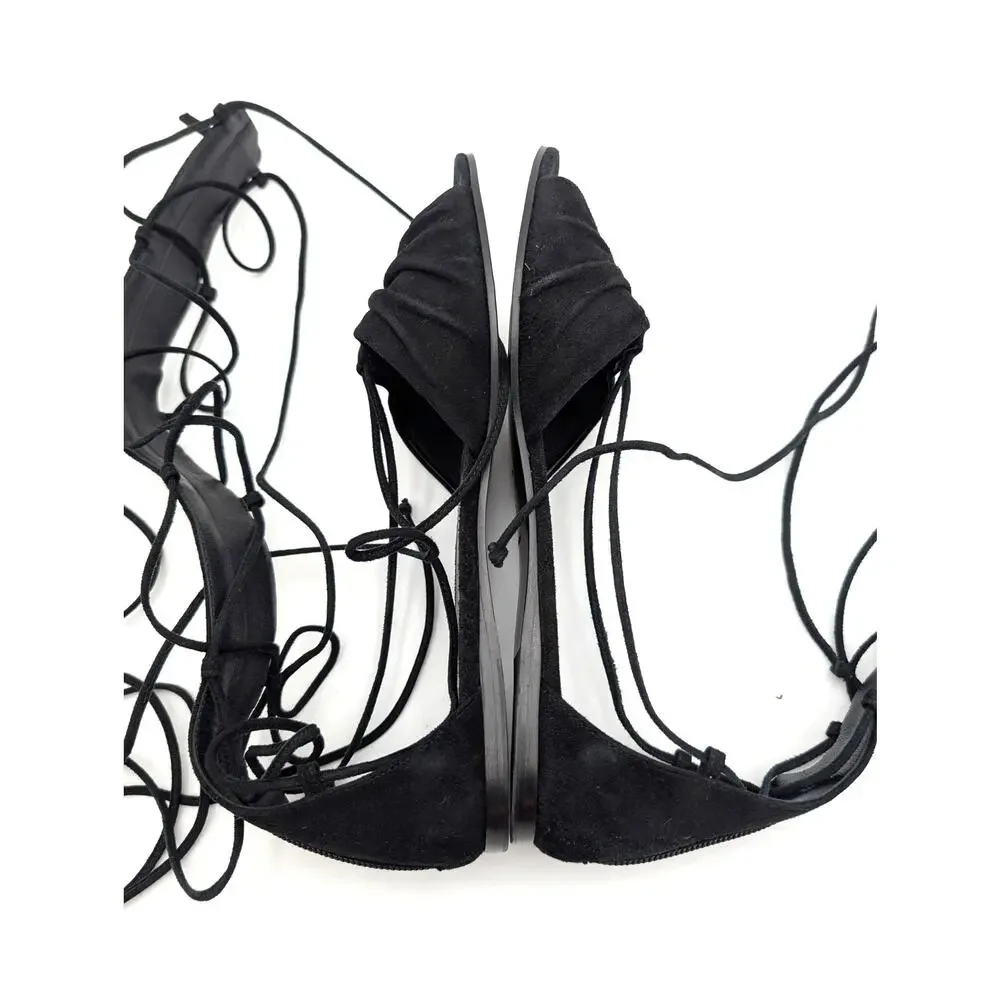 Longchamp Ghillie Gladiator Suede Lace-Up Sandals Women's Black Size US8 EU39